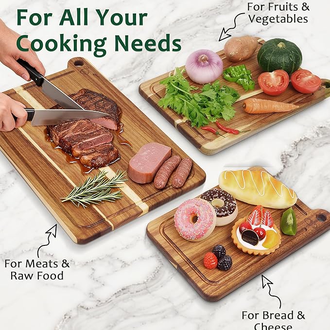 3 Pack Cutting Board Set, Acacia Wood Cutting Boards for Kitchen, Chopping Board with Deep Juice Grooves & Built-in Handle, Charcuterie & Chopping for Meat, Vegetables and Cheese