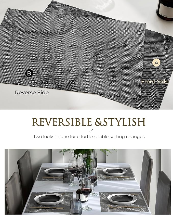 Leetaltree Reversible Marble Placemats Set of 6 - Ships Flat and Stays Flat, Durable Washable Vinyl PVC Placemats, Heat Resistant, Easy Wipe Clean (Black Marble Pattern)