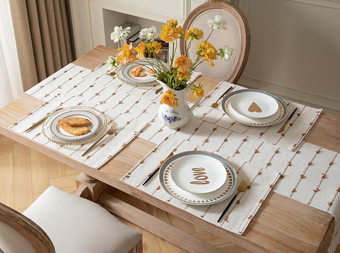 Boho Placemats Set of 6 for Dining Table Decor, Woven Cloth Place Mats for Farmhouse Rustic Kitche Home Decor, Cotton Placemats 13 x 19 Inch, Brown and Beige Table mats