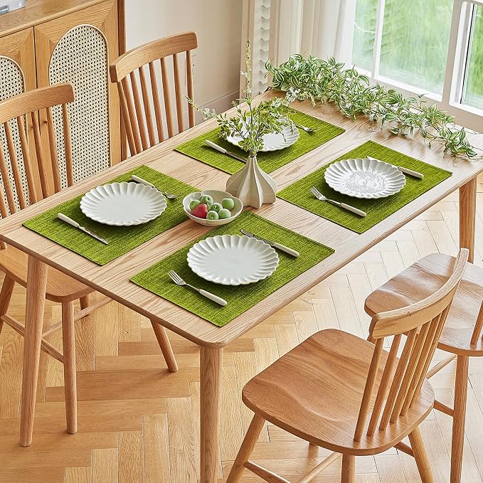 Softalker Faux Linen Placemats Set of 6-12 x 18 Inch, Heat Resistant Double Layered Durable Burlap Farmhouse Place Mats, Non-Slip Washable Rustic Table Mats for Dining, Kitchen, Party（Lime Green