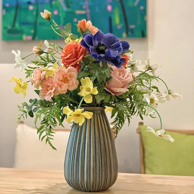 Artificial Faux Flowers in Vase, Silk Flower Arrangement Artificial Floral Centerpiece, Table Centerpieces for Dining Room Home Decor Valentine's Day Gift (Spring)