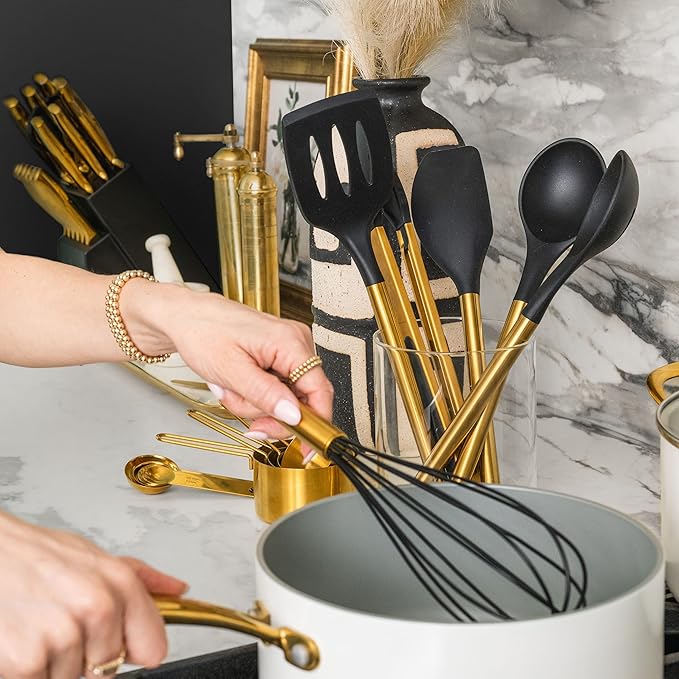 Black and Gold Kitchen Utensils Set - 6-PC Silicone Utensils Set Include Tongs, Whisk, Serving Spoon, Spatula, and Turner for Stylish Cooking and Baking - Black and Gold Kitchen Accessories and Decor