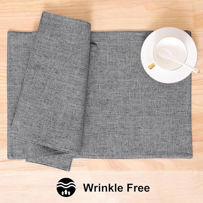 homing Faux Cotton Linen Placemats Set of 4, Cloth Washable Farmhouse Dining Table Mats for Indoors & Outdoors, Easy to Clean, Dark Grey, 13 x 19 Inch