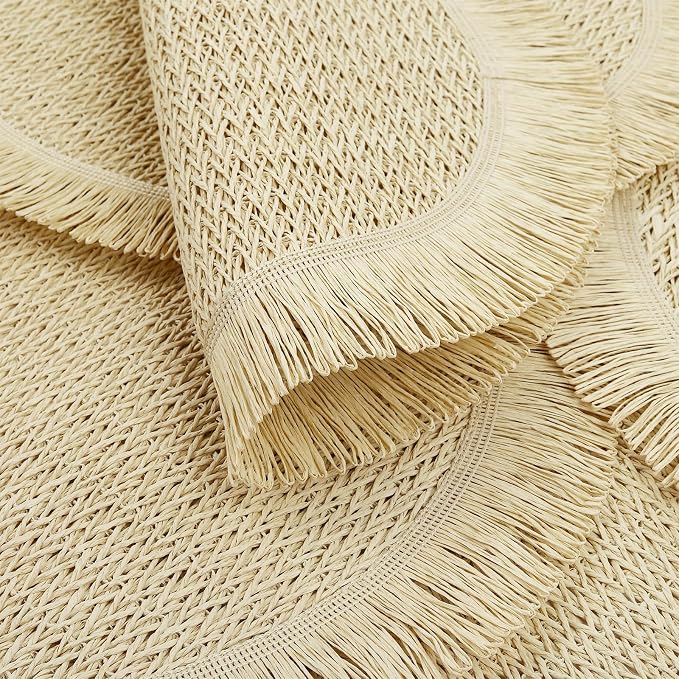 fanquare Boho Round Paper Placemats 15'' Set of 6, Rustic Woven Fade-Safe Tablemats,Braided Placemats for Home, Cafe or Events, Beige