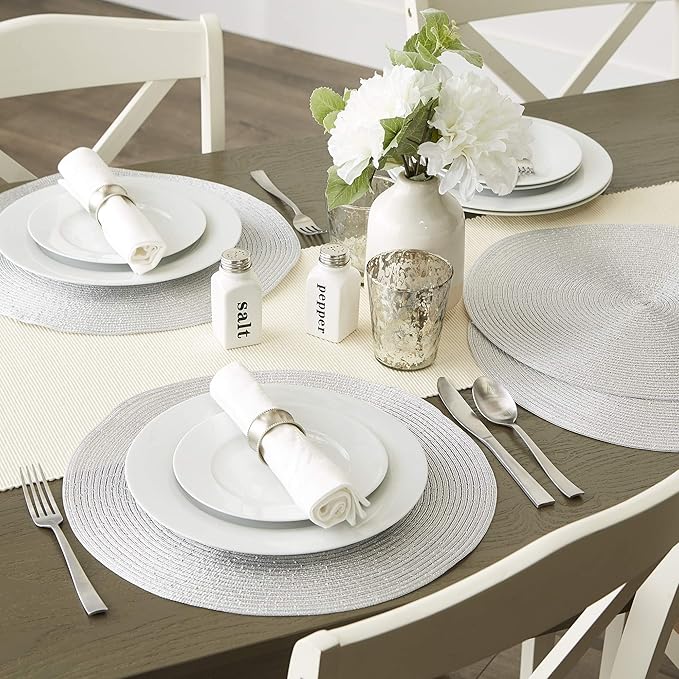DII Woven Placemats Collection Metallic Round Placemat Set, 15", Platinum Silver, 4 Piece