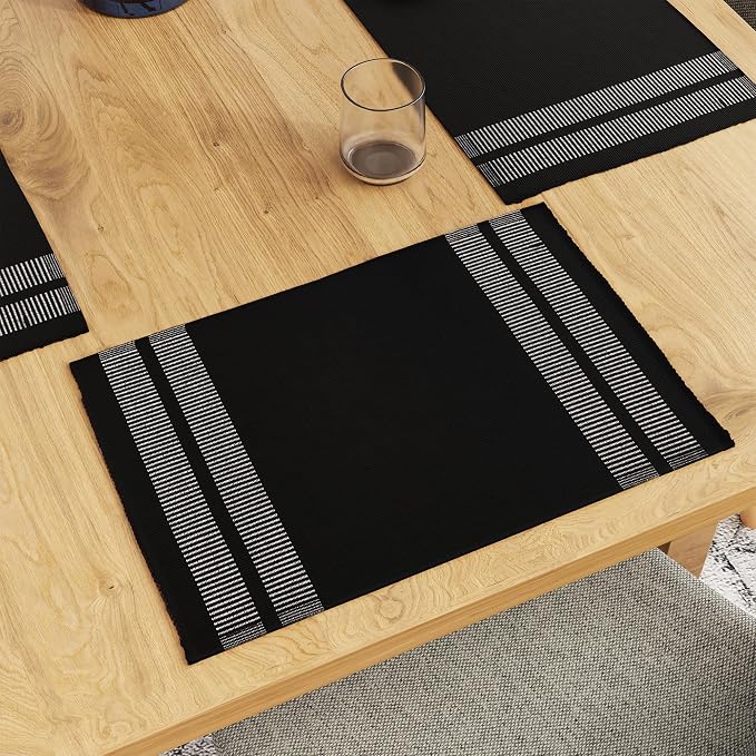 Encasa XO Dining Placemat Set of 6 | Ladder Black Color | Fine Ribbed Cotton Table mat | Size 18x13 in | Machine Washable