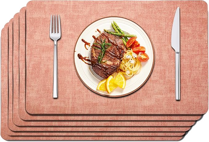 Maxpearl Faux Leather Placemats Set of 6 - Waterproof - Wipe Clean - Heat Resistant - Anti Slip Dining Table Place Mats, Suitable for Indoor & Outdoor Use, 17’’×12’’, Pink