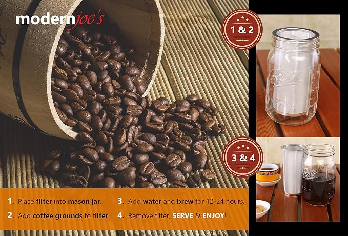 MODERNJOE'S Premium Cold Brew Coffee Filter for 2 Quart Wide Mouth Mason Jars. Cold Brew Coffee Maker. Perfect for Iced Coffee and Tea. 50 Micron EXTRA Fine Mesh 304 Stainless Steel