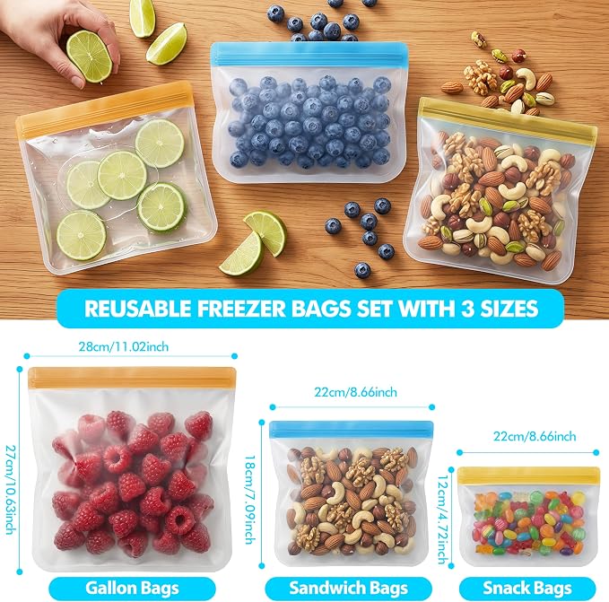 20 Pack Reusable Bags Dishwasher Safe, Leakproof Silicone Reusable Freezer Bags, Food Storage Bags BPA Free, Colored Baggies for Marinate Meats, Veggies, Salad Fruits (8 Gallon 6 Sandwich 6 Snack)