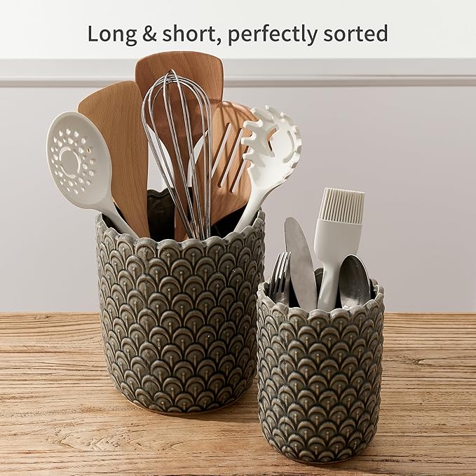 JIEMEI HOME Kitchen Utensil Holder, Large 7.5"+6.2" Petal Ceramic Utensil Crock for Countertop, Utensil Holder with Cork Mat, Morden Utensil Organizer for Spatula, Kitchen Decor, Set of 2-Grayish Blue