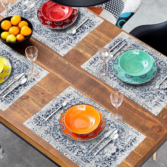 Navy Blue Grey Ethnic Boho Placemats Set of 6 Bohemian Carpet Vintage Gray Linen Washable Kitchen Dining Table Mats Stain Heat-Resistant Desktop Decor Place Mats for Home Party Indoor 12x18 in