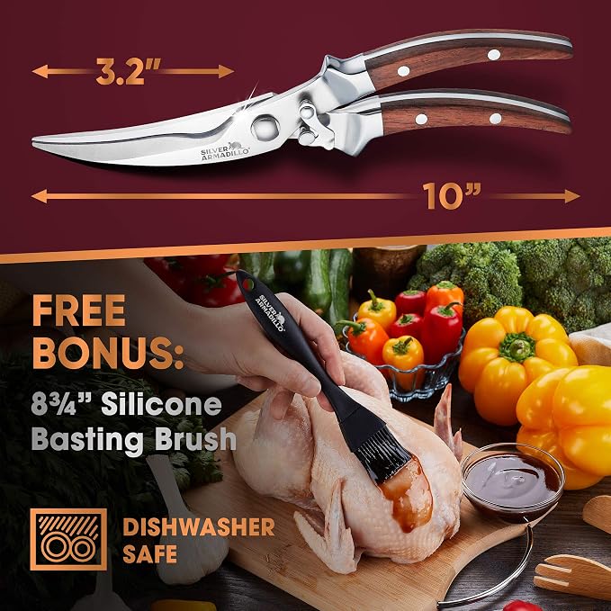 Heavy Duty Poultry Shears - Professional Stainless Steel Kitchen Scissors for Bone, Chicken, Meat, Fish & Vegetables - Spring Loaded (Brown Wood Handles)