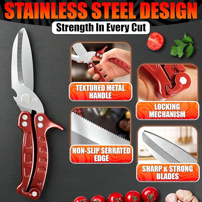 4-in-1 Kitchen Shears Heavy Duty - Detachable Poultry Shears with Micro-Serrated Blades, Spring-Loaded Action & Non-Slip Metal Handle, Dishwasher Safe - Bone Cutting Scissors for Chicken & Meat Prep
