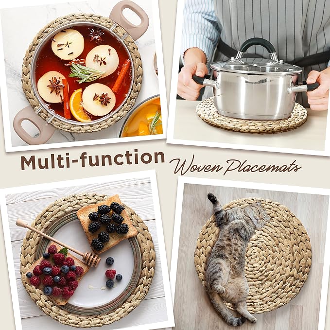(Sizes:12"-13'') BLUEWEST Woven Placemats (Set of 10), Round Placemats Rattan, Wicker Water Hyacinth Placemat, Round Braided Placemats Set, Heat Resistant/Durable for Plate (13'', Set 10)