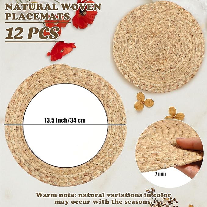 Kochorie Set of 12 Round Woven Placemats 13.5-Inch Natural Water Hyacinth Plant Placemats Hand-Woven Boho Rattan Placemat Wicker Weave Table Mats for Home Dinner Plates Holiday Supplies