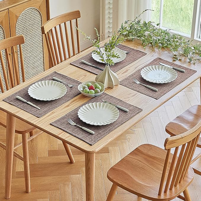 Softalker Faux Linen Placemats Set of 6-12 x 18 Inch, Heat Resistant Double Layered Durable Burlap Farmhouse Place Mats, Non-Slip Washable Rustic Table Mats for Dining, Kitchen, Party,Natural Linen