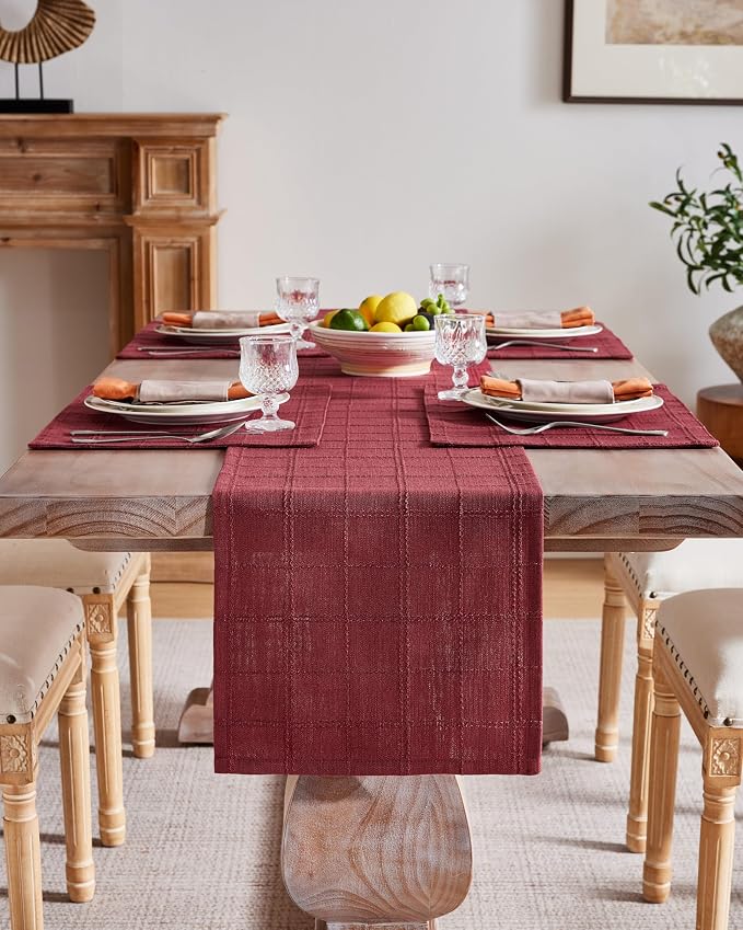 ZeeMart Linen Checked Farmhouse Table Runner, 13x72 Inches Burgundy | Raised Grid Design, Rich Woven Texture, Linen Blend Table Runners 72 Inches Long, Machine Washable, Boho Home Kitchen Decor