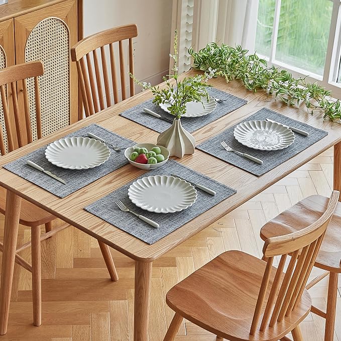 Softalker Faux Linen Placemats Set of 8-12 x 18 Inch, Heat Resistant Double Layered Durable Burlap Farmhouse Place Mats, Non-Slip Washable Rustic Table Mats for Dining, Kitchen, Party（Light Grey