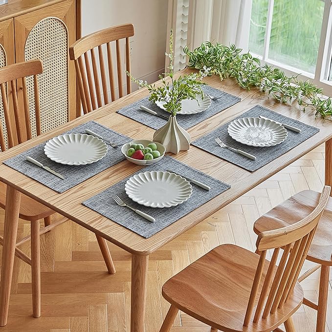 Softalker Faux Linen Placemats Set of 6-12 x 18 Inch, Heat Resistant Double Layered Durable Burlap Farmhouse Place Mats, Non-Slip Washable Rustic Table Mats for Dining, Kitchen, Party（Light Grey