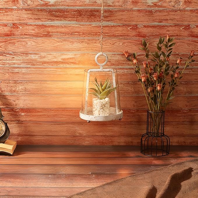6" Wide Modern Farmhouse Metal Hurricane Candle Holder with Handmade Sturdy Glass Sleeve in Vintage White for Pillar Candle & Plants, Glass Hurricane Lantern, Industrial, Minimalistic