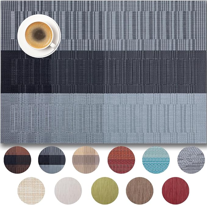 Placemats Set of 4 - Easy Clean Woven Vinyl Placemats for Dining Table, Indoor/Outdoor Place Mats, Washable PVC Table Mats （Silver Gray Black）