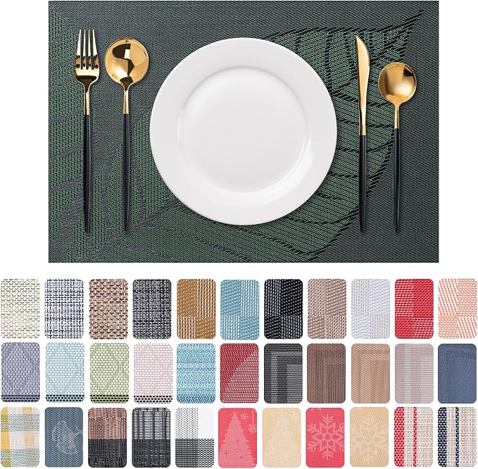 CADONO Placemats Set of 6 Washable Indoor/Outdoor Vinyl Place Mats for Dining Table Durable Non-Slip Heat Resistant PVC Weave Table Mats（Leaf Style Dark-Green）