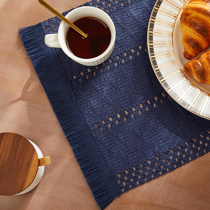 ZeeMart Macrame Style Boho Placemats Set of 4, Navy Blue 12x20 Inch | Decorative Farmhouse Table Mats, Natural Cotton Woven Place Mats, Bohemian Home Decor for Kitchen Dining Table