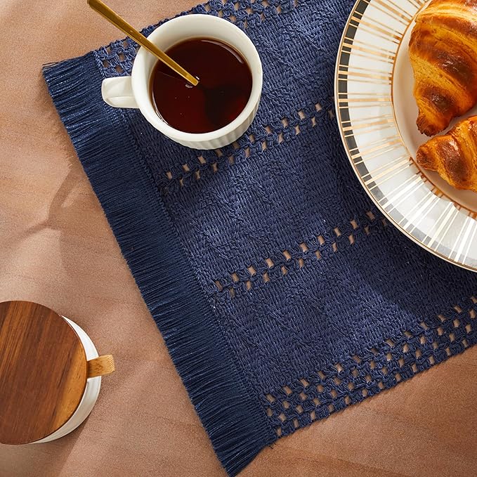 ZeeMart Macrame Style Boho Placemats Set of 6, Navy Blue 12x20 Inch | Decorative Farmhouse Table Mats, Natural Cotton Woven Place Mats, Bohemian Home Decor for Kitchen Dining Table