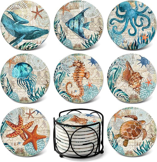 Teivio Absorbing Stone Sea Ocean Life Coasters for Drinks, Cork Base with Holder,Coastal Decor Beach Theme Tropical,for Housewarming Apartment Kitchen Bar Decor, For Wooden Table Coffee table,Set of 8
