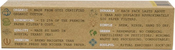 CoffeeSock Reusable Hario V60 Coffee Filters Size 01 – 2 Pack GOTS Certified Organic Cotton Cloth Pour Over Filter for V60-01 Dripper, Better Flavor Than Paper, Eco-Friendly Zero Waste