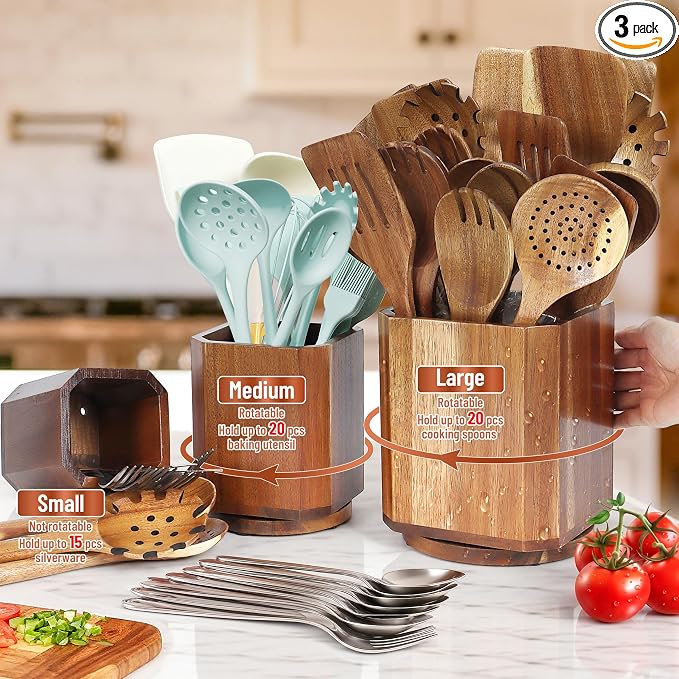 KINGSOW Wooden Utensil Holder Set: 3PCS Extra Large Acacia Wood Organizer with 360° Rotating Base for Kitchen Countertop - Farmhouse Storage Crock for Multi-Generation Family & Cooking Enthusiasts