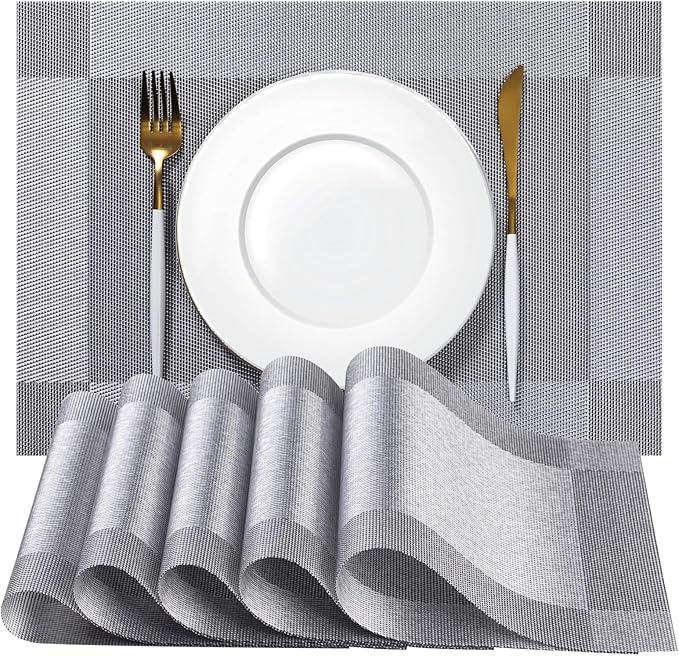 Placemats Set of 4 - Easy Clean Woven Vinyl Placemats for Dining Table, Indoor/Outdoor Place Mats, Washable PVC Table Mats （Silver Cube）