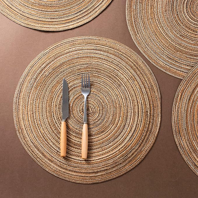 AHHFSMEI Round Braided Placemats Set of 6 Woven Table Mats for Dining Table Heat Resistant Easy to Clean Perfect for Kitchen & Home Decor (Brown)