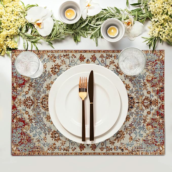 Ethnic Boho Placemats Set of 4 Southwest Brown Blue Carpet Woven Texture Linen Washable Kitchen Dining Table Mats Stain Heat-Resistant Desktop Decor Place Mats for Home Party Indoor 12x18 in