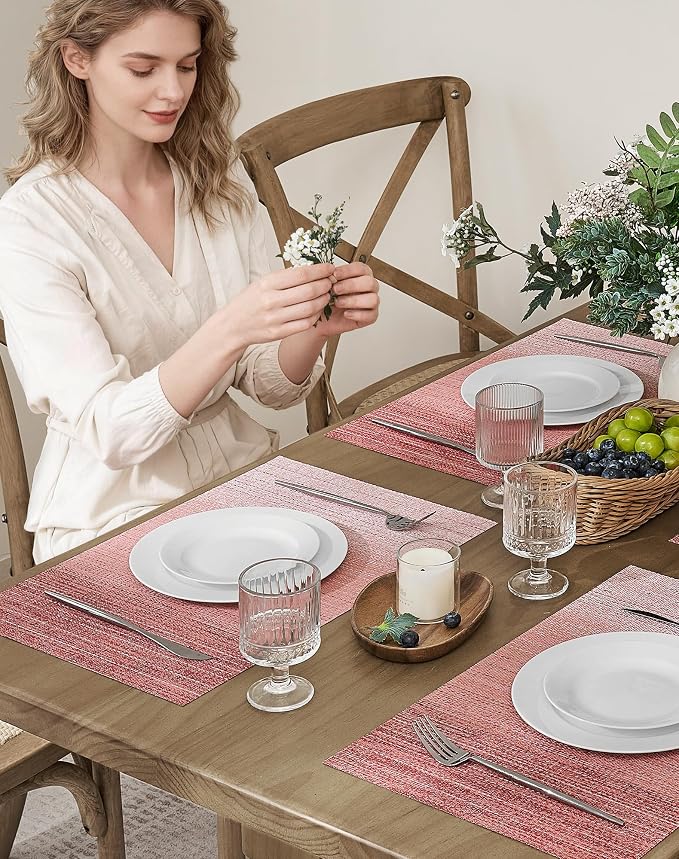 Leetaltree Gradient Pink Woven Placemats Set of 24 - Heat Resistant Non-Slip Place mats for Dining Table, Washable Durable PVC Vinyl Woven Table Mats(Gradient Pink, 24)