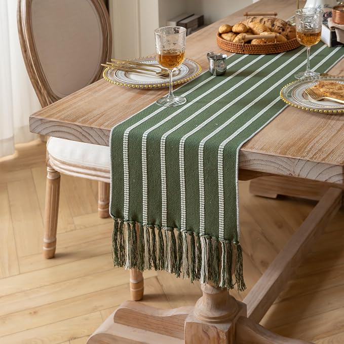Caflife Boho Table Runner 90 Inchs Long Green, Cotton and Linen Woven with Tassels, for Modern Rustic Farmhouse Neutral Table Runners, Bohemian Kitchen Dining Table Home Decor