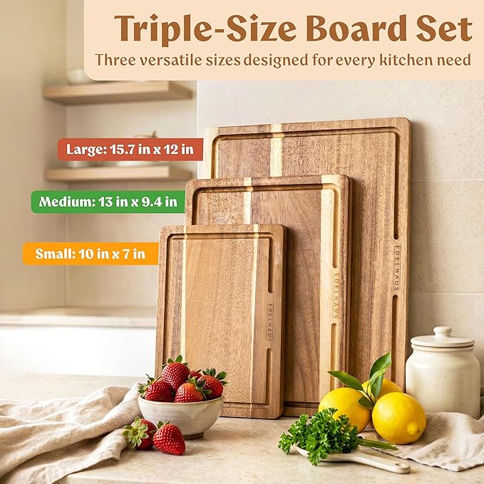 Acacia Wood Cutting Board for Kitchen, Non-Toxic Cutting Board Set of 3, Chopping Boards with Deep Juice Groove for Meat, Cheese & Vegetables - Durable & Double sided with serving Compartments