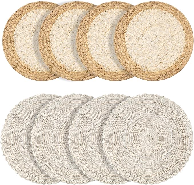 Handmade Round Boho Placemats Set of 4 | Natural Woven & Polyester Braided Combo Table Mats | 8-Piece Versatile Place Mats | Simple Rustic Farmhouse Style Dining Table Decor