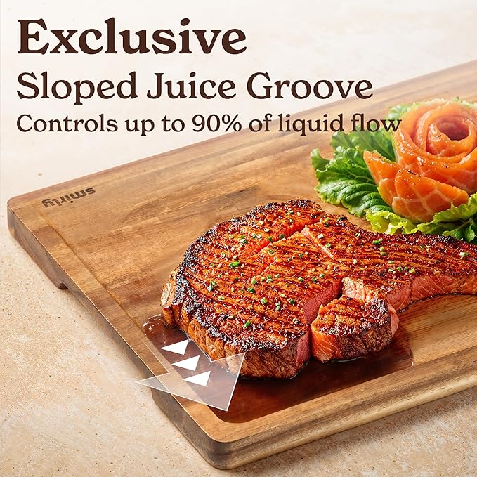 SMIRLY Acacia Wood Cutting Boards for Kitchen - Wood Cutting Board for Meal Prep, Serving, Charcuterie - Kitchen Gadgets, House Warming Gifts - Wooden Chopping Board Set of 4 with Holder