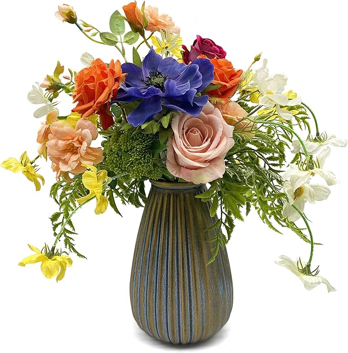 Artificial Faux Flowers in Vase, Silk Flower Arrangement Artificial Floral Centerpiece, Table Centerpieces for Dining Room Home Decor Valentine's Day Gift (Spring)
