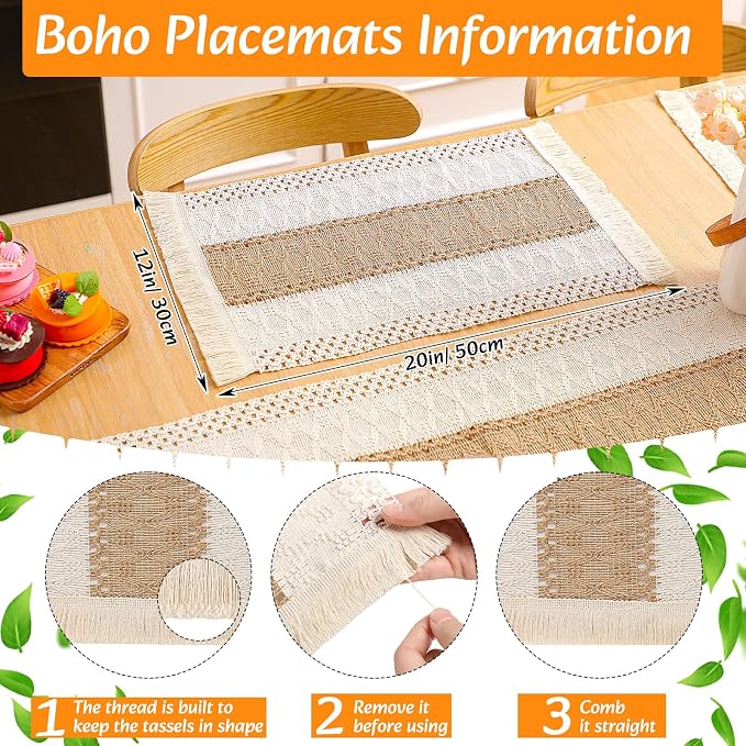 8 Sets Boho Decoration Placemats Round Woven Placemats, Cloth Napkins, Wood Bead Napkin Rings, Long Table Runner and Farmhouse Burlap Cotton for Table Kitchen (Khaki,12x108)