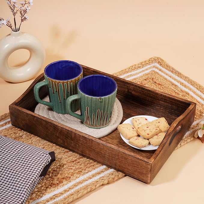 Ajuny Set of 3 Wooden Serving Tray with Handles Decorative Solid Plain Style Handcrafted Rectangular Platter for Snacks Coffee Tea and Versatile Kitchen & Home Gift (15.7x11, 13.7x9.9, 11.4x8 Inch)