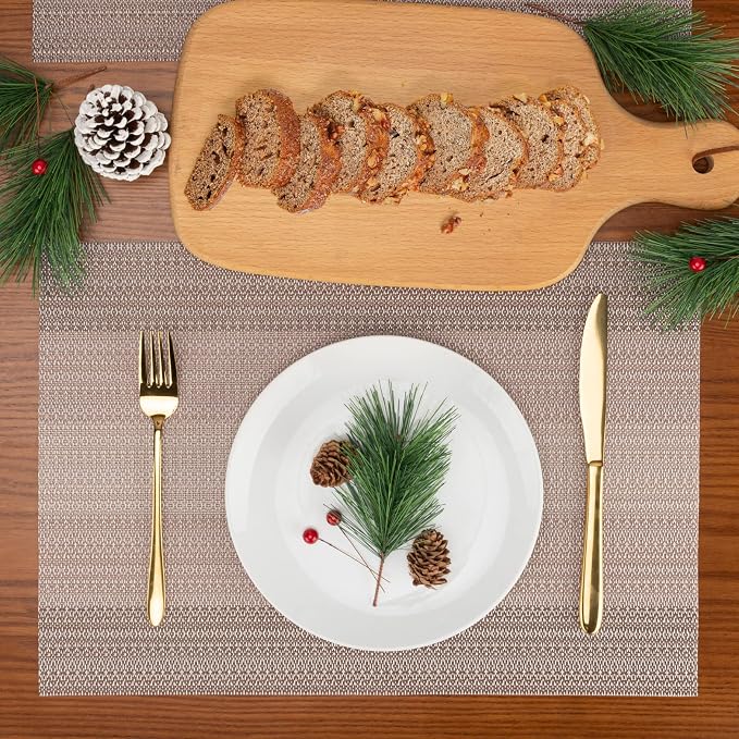 Winknowl Placemats Set of 6, Washable Vinyl Woven Placemats, Heat Resistant & Wipeable Table Mats for Kitchen Dining Table (Pink Gold)