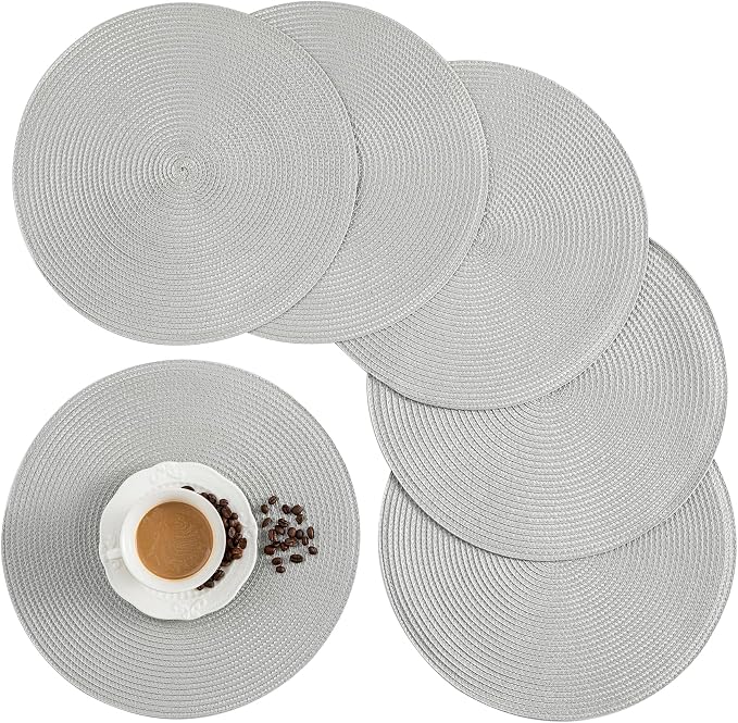 Round Placemats, Crossweave Heat Resistant Classic Woven Round Place Mats Diameter 13.5 inch for Kitchen Table Set of 6 (Light Gray)