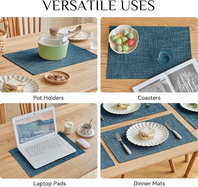 Softalker Faux Linen Placemats Set of 12-12 x 18 Inch, Heat Resistant Double Layered Durable Burlap Farmhouse Place Mats, Non-Slip Washable Rustic Table Mats for Dining, Kitchen, Party（Teal