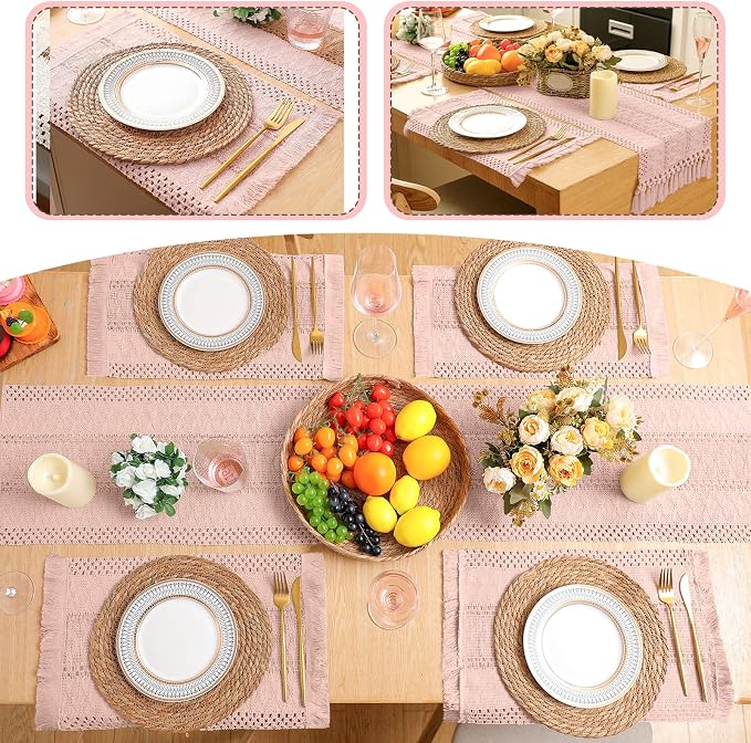 Boho Placemats 4/6/8 Set of Round Woven Placemat Macrame Style Bicolor Stitching Long Table Runner Farmhouse Rustic Natural Burlap Cotton for Kitchen Dining Table(6 Sets,Pink,12x72)