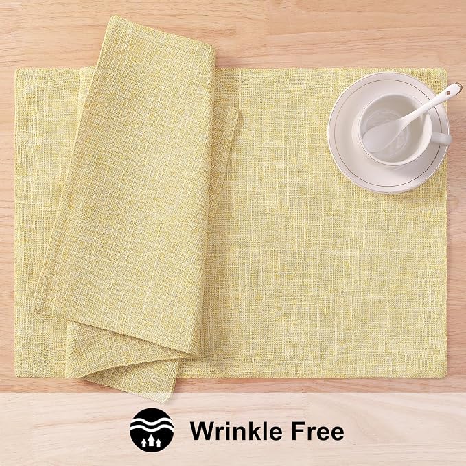 homing Faux Cotton Linen Placemats Set of 8, Cloth Washable Farmhouse Dining Table Mats for Indoors & Outdoors, Easy to Clean, Lemon Yellow, 13 x 19 Inch