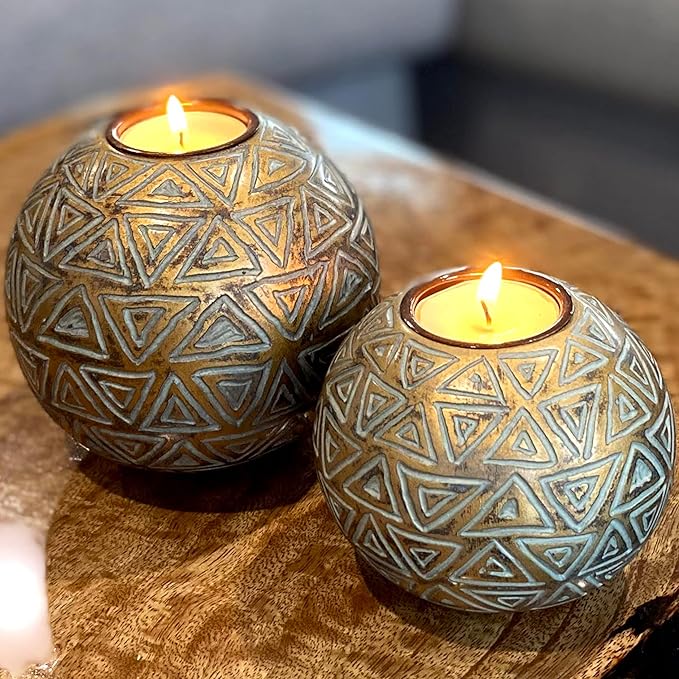 Rustic Gold Orb Tea Light Candle Holders - (Gift Boxed Set of 2 Aurum Collection) Coffee Table Decor (Triangular Pattern, Gold and Gray)