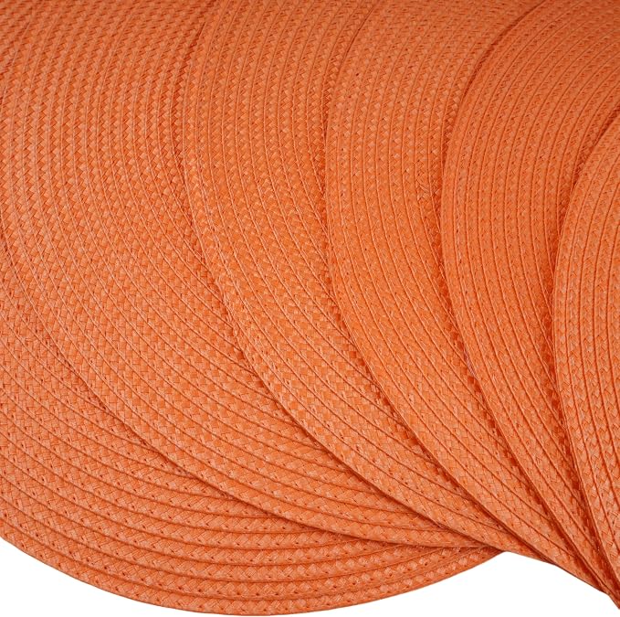 Round Braided Placemats Set of 6 Washable Easy to Clean Place Mats for Dining Tables Woven Non-Slip Heat Resistant Table Mats 15 Inch (Orange)