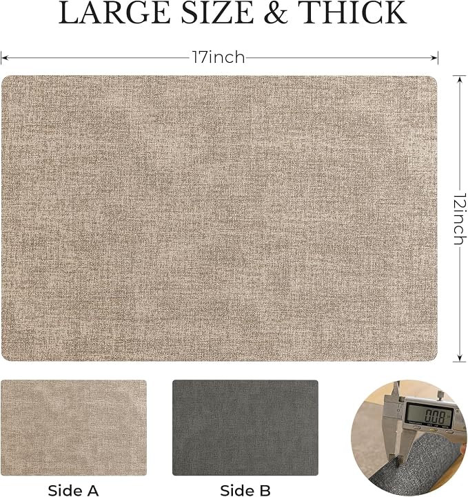 Romanstile Vinyl Placemats Set of 6, Reversible Faux Leather Heat Resistant Wipeable Table Mats, Waterproof Washable Non-Slip Table Placemats for Dining/Kitchen/Party/Outdoor (Grey Khaki, 12" x 17")
